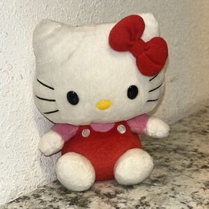 2009 Ty Beanie Babies Plush 6" Classic Hello Kitty Red Overalls‎ And Bow P1